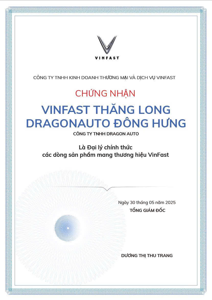 Giấy chứng nhận đại lý ủy quyền VinFast